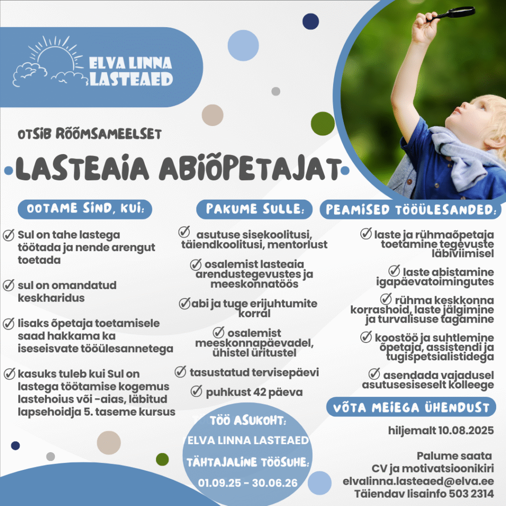Töökuulutus leidmaks lasteaia abiõpetaja