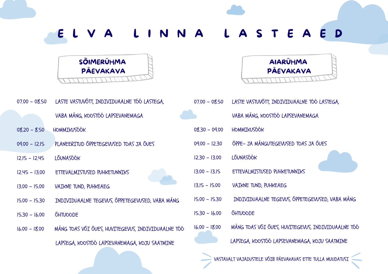 Päevakava kehtib kõigis Elva Linna Lasteaia õppehoonetes.